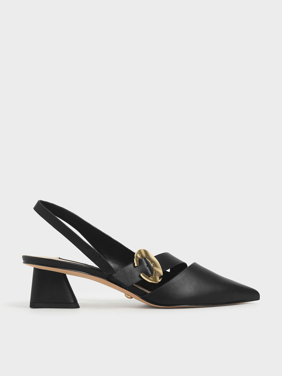 Willow Leather Hammered Buckle Slingback Pumps in Black, product photograph