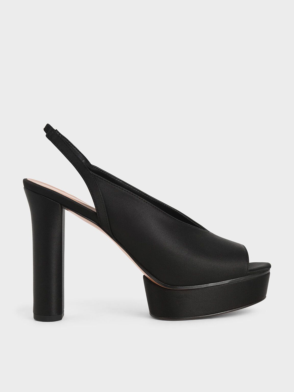 Clara Satin V-Cut Slingback Platforms in Black, product photograph