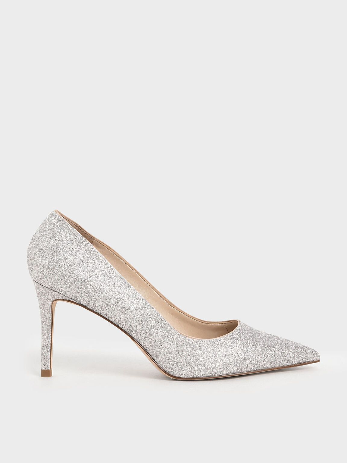 Celeste Glitter Stiletto Heel Pumps in Silver, product photograph