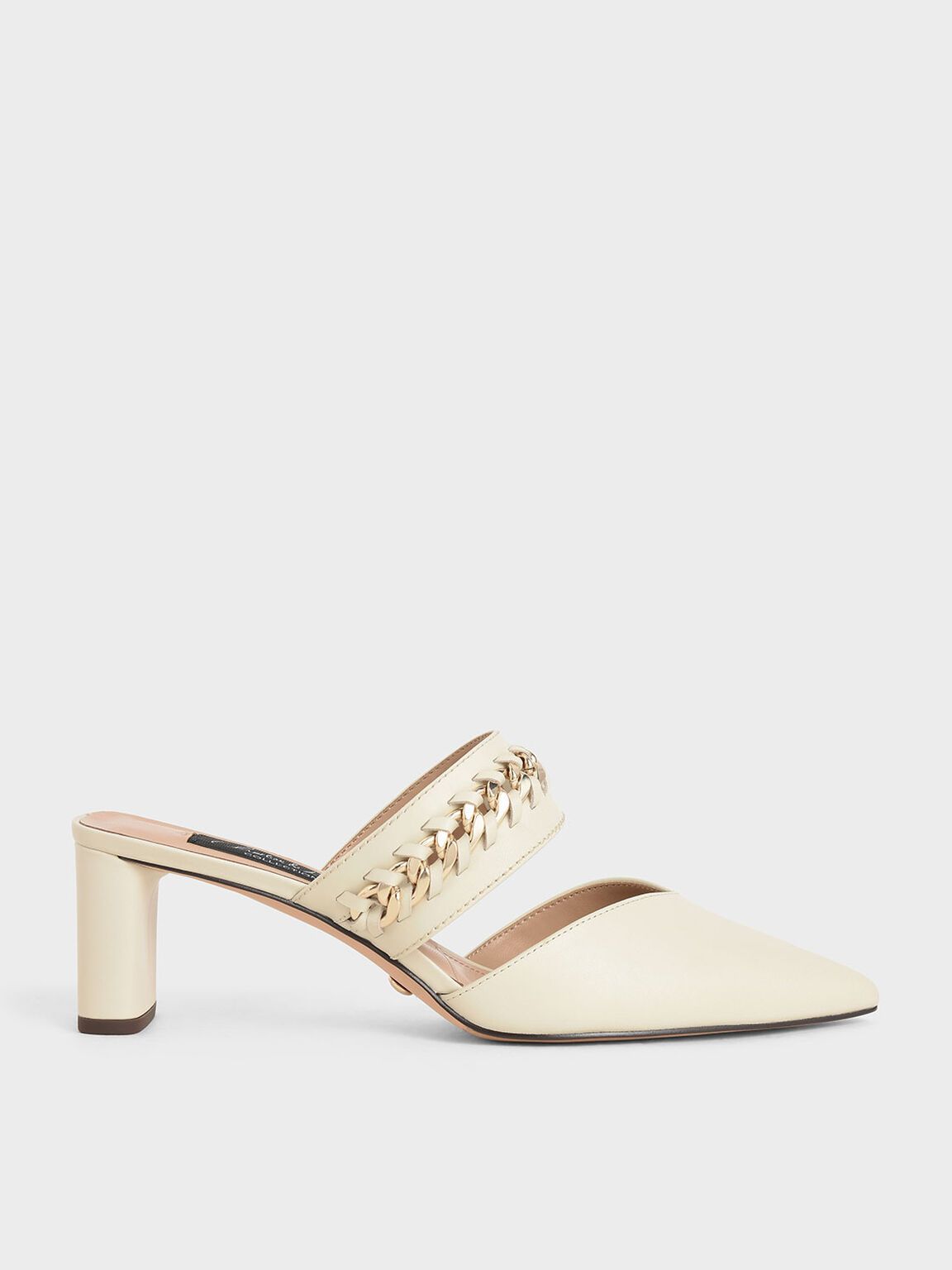 Rosa Leather Chain-Link Mules in Chalk, product photograph