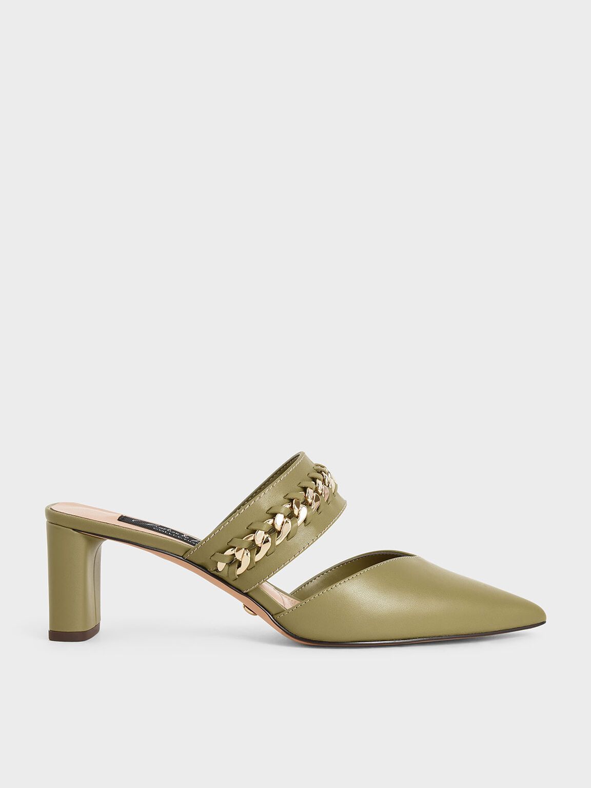 Rosa Leather Chain-Link Mules in Military Green, product photograph