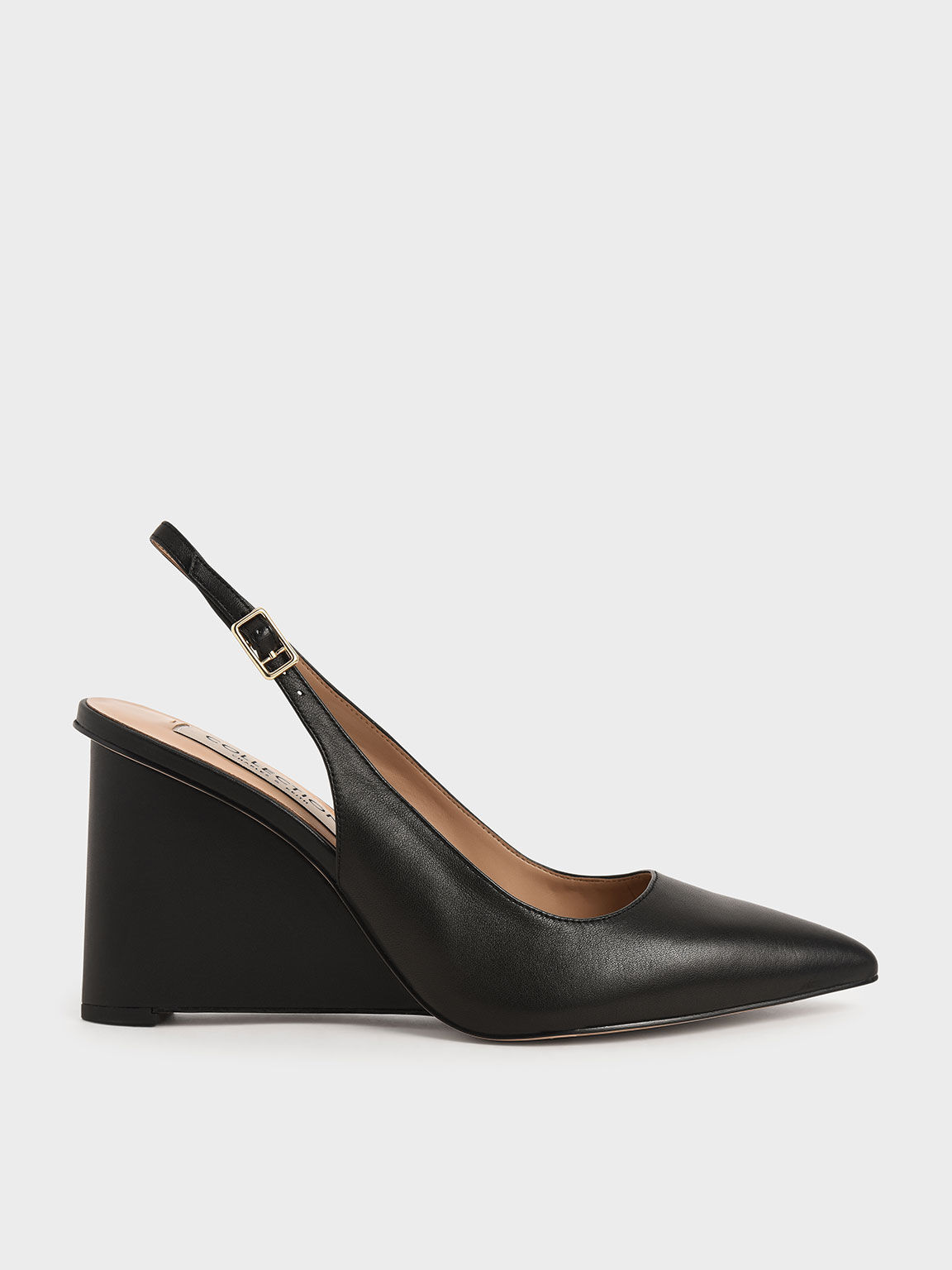 Elena Leather Pointed Toe Slingback Wedges in Black, product photograph