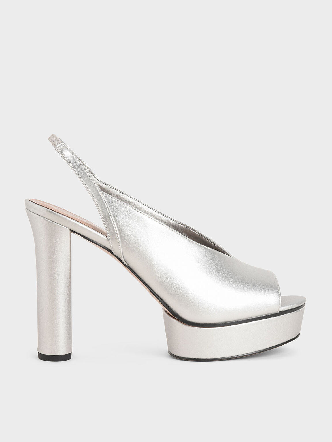 Clara Satin V-Cut Slingback Platforms in Silver, product photograph
