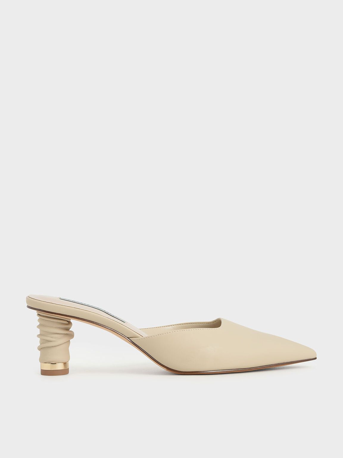 Maia Ruched Cylindrical Heel Mules in Taupe, product photograph