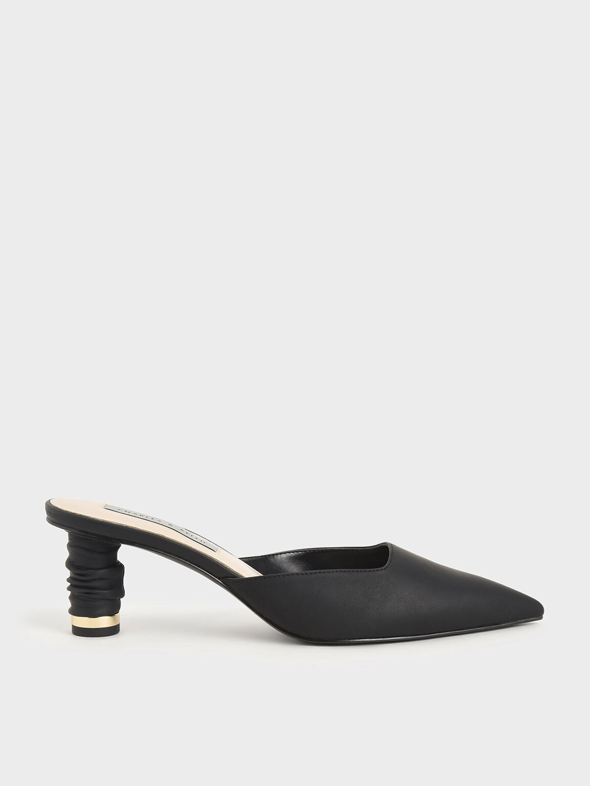 Maia Ruched Cylindrical Heel Mules in Black, product photograph