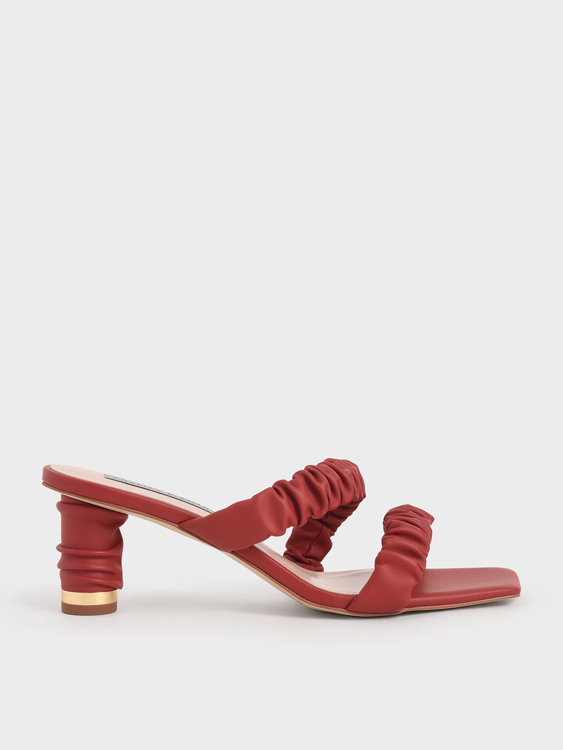 Lena Ruched Strap Mules in Red, product photograph