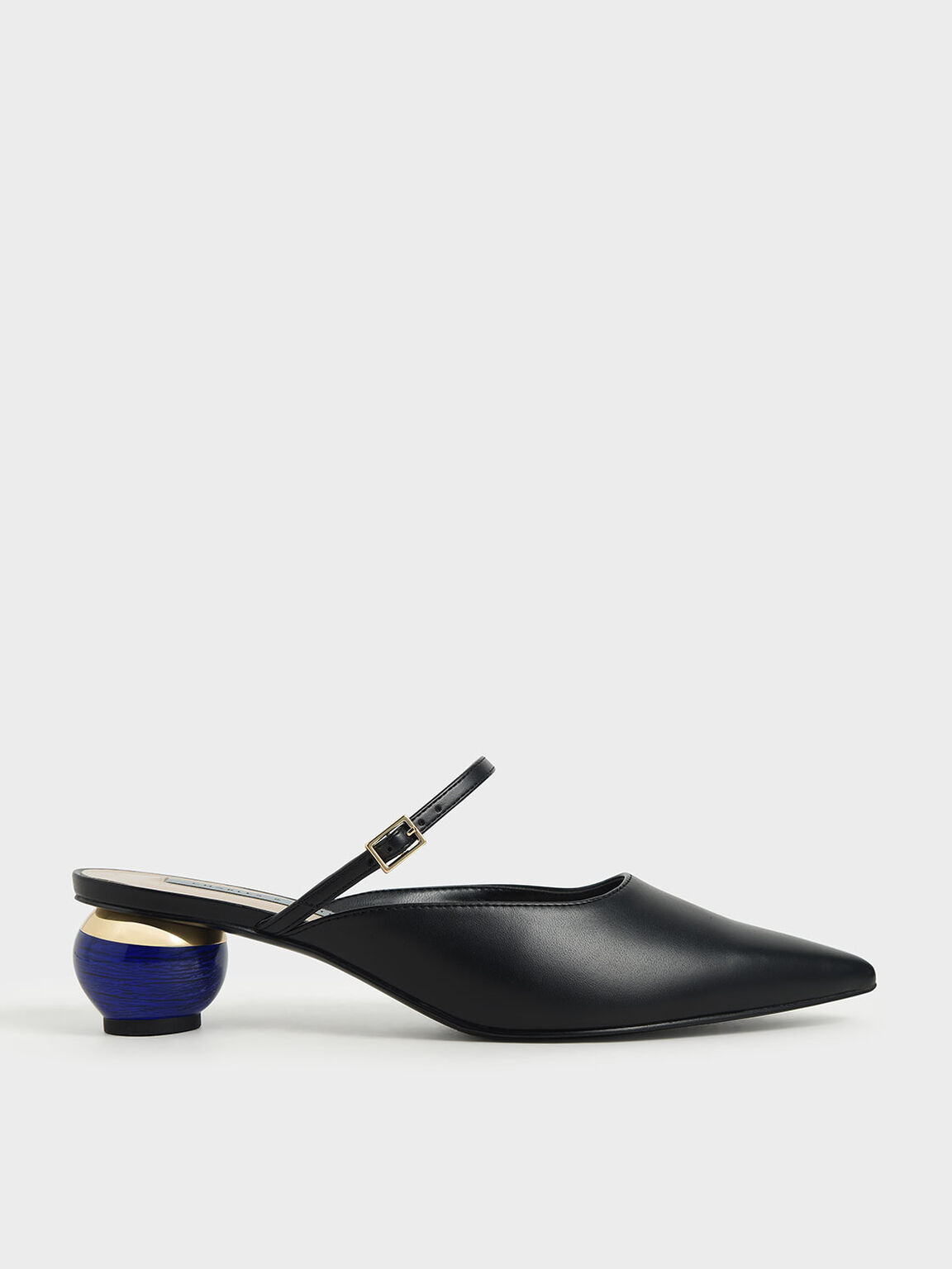 Orla Sculptural Heel Pointed Toe Mules in Black, product photograph